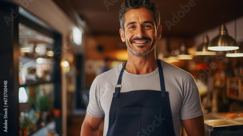 Restaurant entrepreneur with tablet, leaning on door and open to customers portrait. Owner, manager or employee of a startup fast food store, cafe or coffee shop business standing happy with a smile © AYNUR STOCK