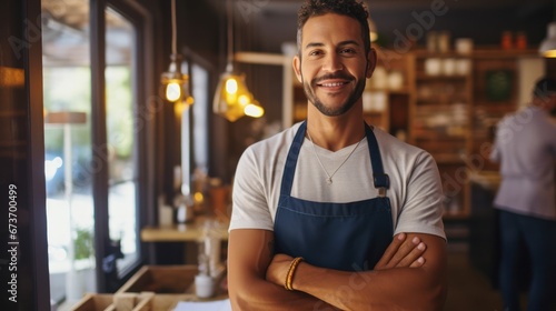 Restaurant entrepreneur with tablet, leaning on door and open to customers portrait. Owner, manager or employee of a startup fast food store, cafe or coffee shop business standing happy with a smile