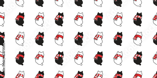 cat seamless pattern Christmas scarf Santa Claus munchkin kitten calico neko vector pet doodle cartoon gift wrapping paper tile background repeat wallpaper illustration scarf isolated design