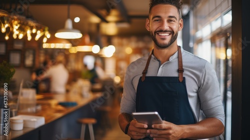 Restaurant entrepreneur with tablet, leaning on door and open to customers portrait. Owner, manager or employee of a startup fast food store, cafe or coffee shop business standing happy with a smile