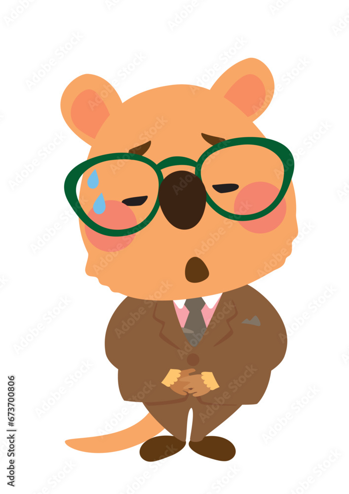 Naklejka premium スーツを着たビジネスマン風のクアッカワラビーが反省したり謝罪したりするベクターイラスト