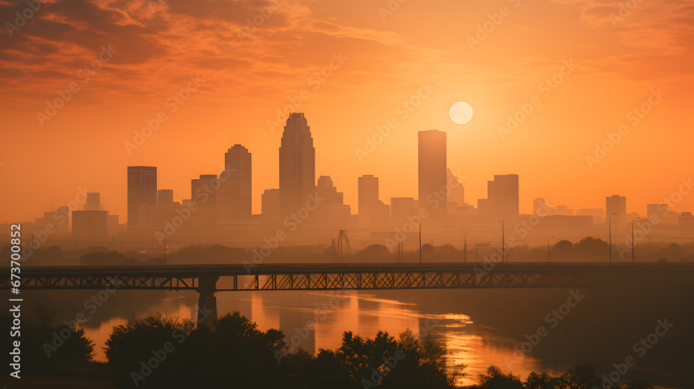 A shot of a city skyline during a sweltering heatwave, highlighting the dangers of extreme temperatures and heat-related illnesses.