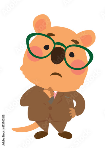 スーツを着たビジネスマン風のクアッカワラビーが悩んだり考えたりするベクターイラスト