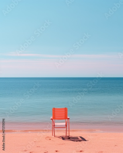 Perched on the sandy shore  a solitary chair gazes out at the endless expanse of sky and sea  its sturdy frame a stark contrast to the fluid landscape of nature
