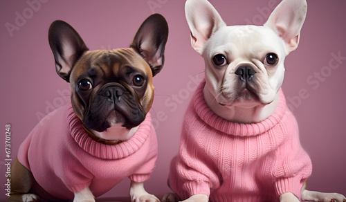 wo French Bulldogs in Pink Dresses on a Pink Background  A Playful Display of Canine Fashion and Cuteness