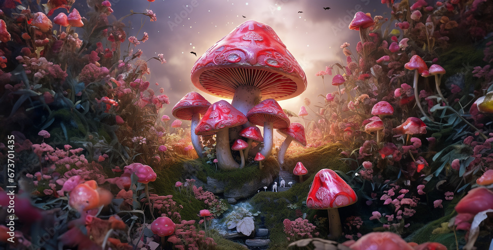 Naklejka premium mushroom in the forest, photorealistic mushroom in fairytale environ 