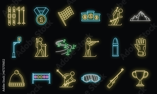 Biathlon ski icons set. Outline set of biathlon ski vector icons neon color on black