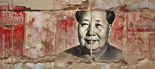 The concept of the Chinese economic crisis and recession tied to the real estate market crisis, with the image of Mao Zedong from the 100 yuan banknote on a crumbling wall.