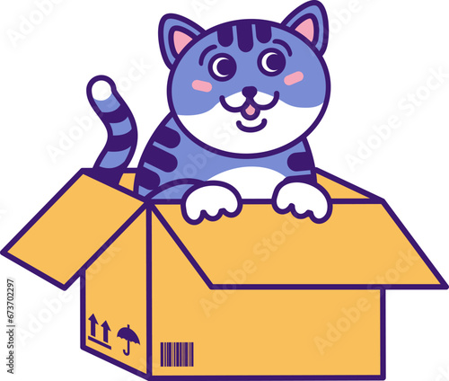Cute small adopt Fluffy Kitten sits in cardboard box and waits for owner help. Homeless cat. Pets and animals care concept. Vector cartoon illustration in thick stroke isolated on white background