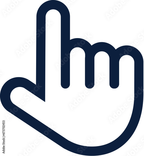 White hand pointer icon on computer monitor screen. Navigating and moving laptop menu items using computer mouse or touch pad. Stroke outline vector icon isolated on white background