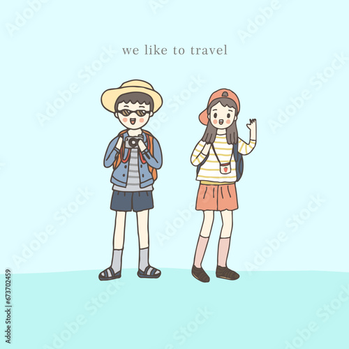 Young traveler couple, hand drawn style vector illustration