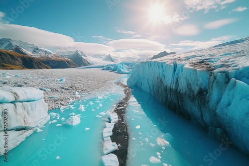 Glacier transformation: Pristine ice to rapid melt, climate impact.