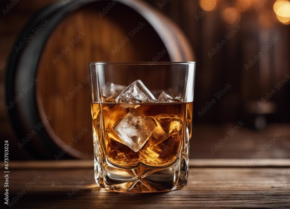 Glass of whiskey with ice cubes on the wooden barrel with wooden background
Glass of whiskey with ice cubes on the wooden barrel with wooden background