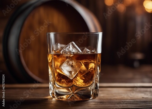 Glass of whiskey with ice cubes on the wooden barrel with wooden background
