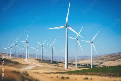 Wind turbines in a rural landscape, a wind turbine farm at sunset, wind power generators in a countryside, a tracking shot of energy-producing wind turbines