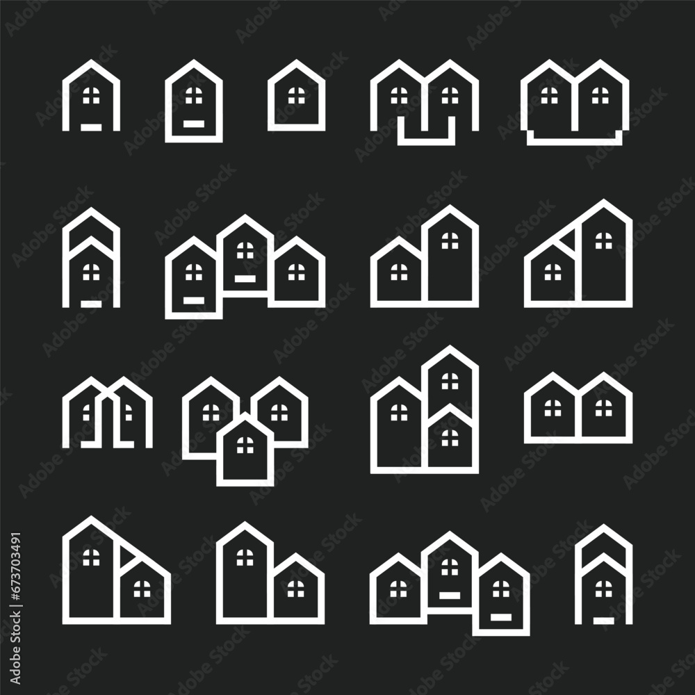 Set of outline home line icons isolated on a black background. House icons sign  house, palace, resort, apartment, tower and more.