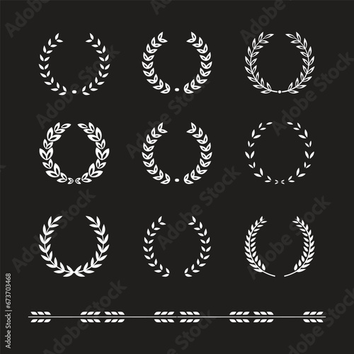 Set of 9 white vector laurel wreaths on black background. Set of foliate award wreath for cinema festival.Vector illustration.