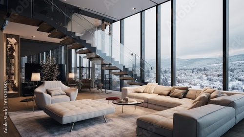 Wide modern interior living room, sofa with armchair and coffee table, glass wall with amazing view, stairs to the second floor, winter season.