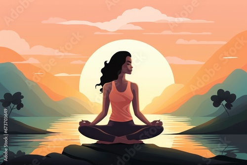 A serene woman in a yoga and meditation scene, striking a peaceful pose to promote mental and physical well-being photo