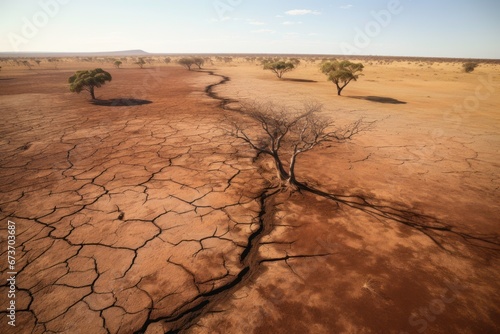 Desolate landscape with withered trees on parched  cracked earth symbolizing the impact of drought  water scarcity  and global climate change.