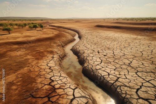 Desolate landscape with withered trees on parched, cracked earth symbolizing the impact of drought, water scarcity, and global climate change.