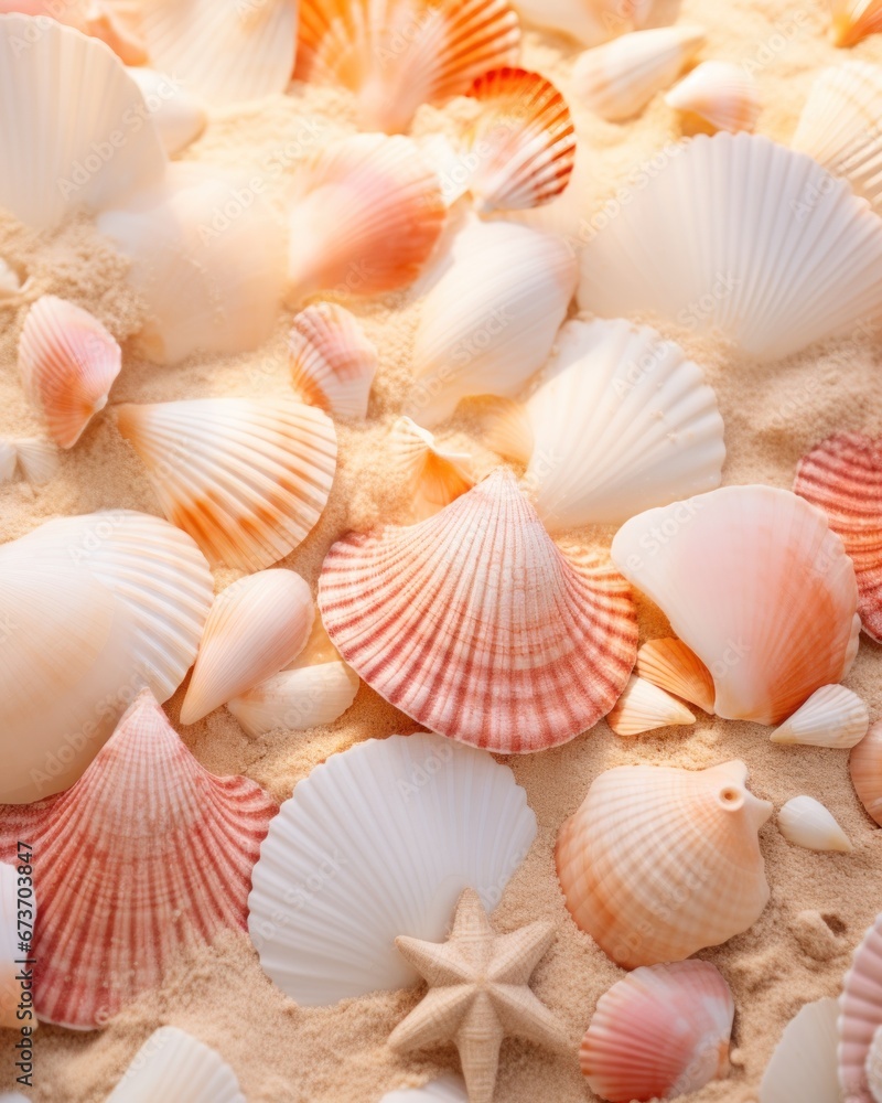 A mesmerizing mosaic of molluscs, gracefully scattered upon the sandy shore, showcasing the diversity and beauty of the ocean's hidden treasures