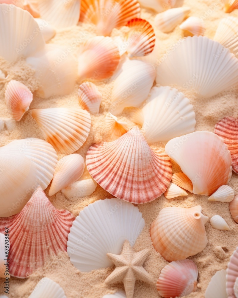 A mesmerizing mosaic of molluscs, gracefully scattered upon the sandy shore, showcasing the diversity and beauty of the ocean's hidden treasures A mesmerizing mosaic of molluscs, gracefully scattered upon the sandy shore, showcasing the diversity and beauty of the ocean's hidden treasures