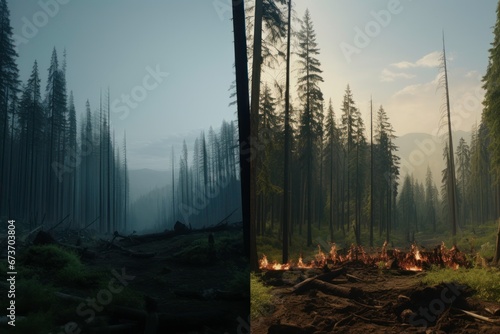 Comparative images showing a vibrant  green forest alongside the same forest ravaged by wildfire  emphasizing the dramatic effects of climate change on natural.