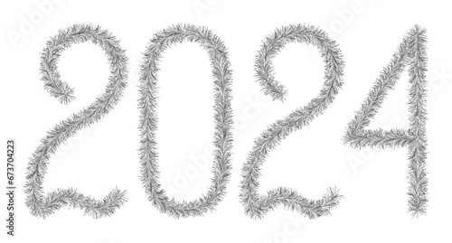 Tinsel. 2024. Lettering from a festive Christmas decoration. Fluffy numbers. Silver color. Vector illustration. Isolated background. Cute plush message. The coming year. Rustling lettering.