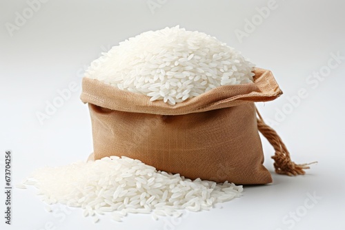 close up of White rice in the bag on white background