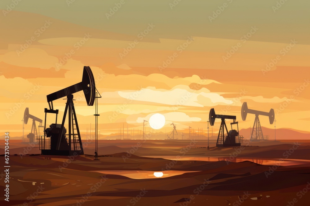 Silhouettes of oil drilling derricks in a desert oilfield, extracting crude oil from the ground. Representing petroleum production.