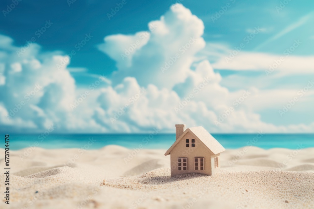 Miniature beachfront home on sandy shore, under blue sky with fluffy clouds, a dreamy family lifestyle Miniature beachfront home on sandy shore, under blue sky with fluffy clouds, a dreamy family lifestyle