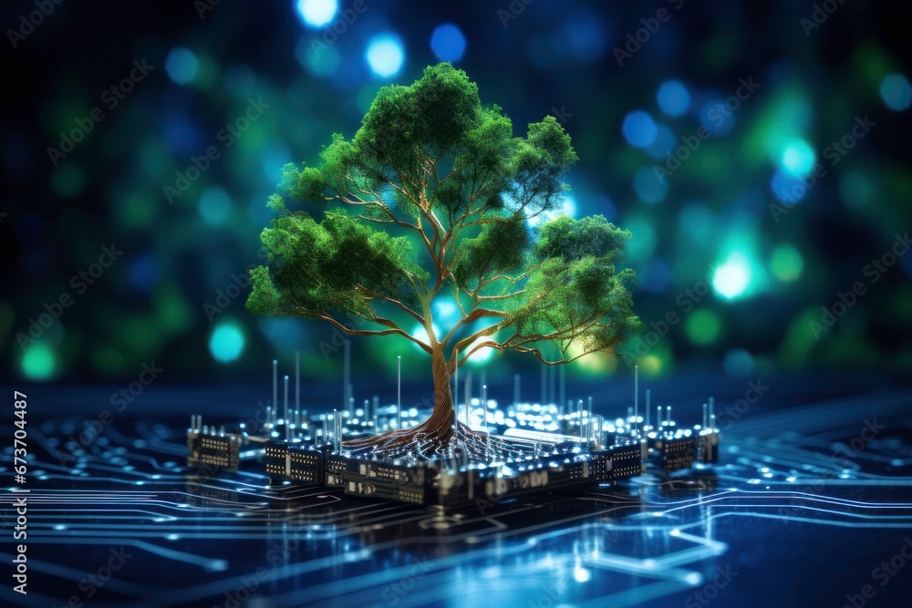 Tree with soil growing from the convergence point of a computer circuit ...
