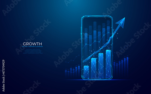 Abstract mobile phone and growth chart on smartphone screen. Stock market and finance concepts. Low poly wireframe vector illustration in futuristic light blue style on a technology background.