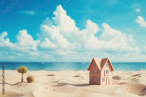 Miniature beachfront home on sandy shore  under blue sky with fluffy clouds  a dreamy family lifestyle