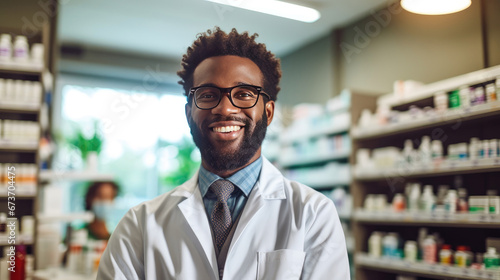 Courteous smiling black pharmacist in white coat assists clients in pharmacy providing advice and help with medications, knowledgeable pharmacist care of customers health