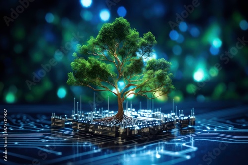 Tree with soil growing from the convergence point of a computer circuit board with a blue light and wireframe network background. Illustrating concepts of environmentally friendly computing, sustainab