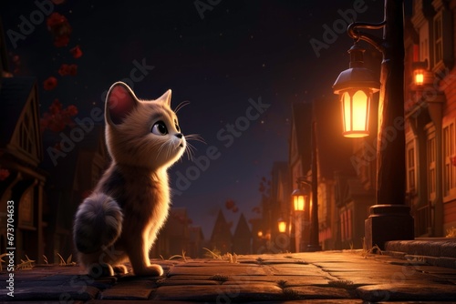 Adorable cat walking along a dimly lit street, with warm glows emanating from the houses.