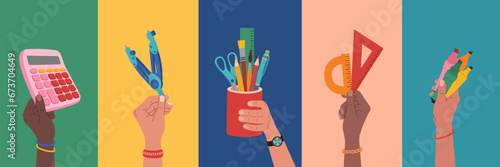 Diverse hands holding stationery. Calculator, pens, rulers, pencils, paint brushes, scissors. Hand drawn vector illustration isolated on colorful background, flat cartoon style.
