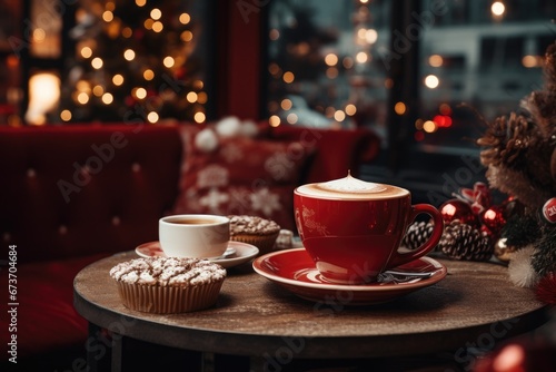 Coffee or Hot drink on table in house. Christmas festival concept. Generative AI
