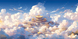 buddhist temple in the mountains, a china majestic palace floating in the clouds stud