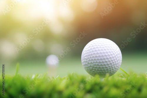 shot of a golf ball on the grass with a blurred green bokeh background