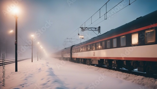 Passenger train moving through fog and heavy snow