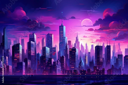 Design a vibrant cityscape scene with skyscrapers and urban lights at dusk  suitable for city life and modern architecture concepts