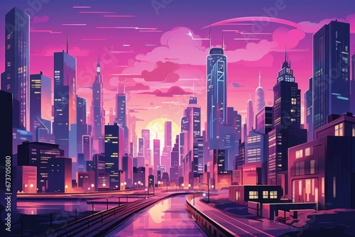 Design a vibrant cityscape scene with skyscrapers and urban lights at dusk  suitable for city life and modern architecture concepts