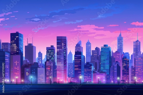 Design a vibrant cityscape scene with skyscrapers and urban lights at dusk, suitable for city life and modern architecture concepts © Moon Story