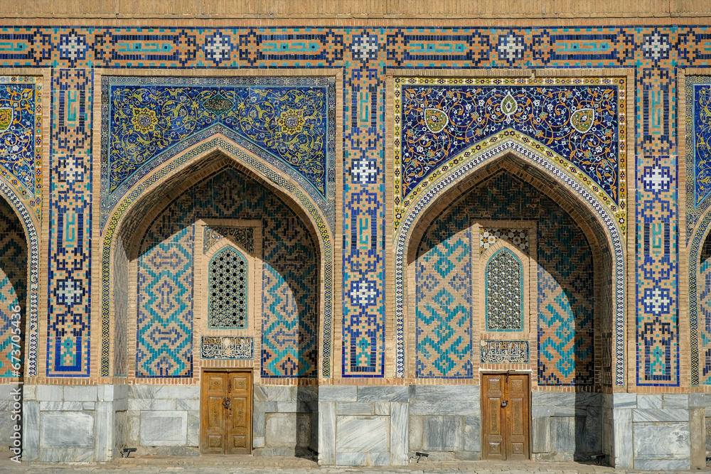The Tilla Kari Madrasah in the Registan Square in Samarkand, Uzbekistan.