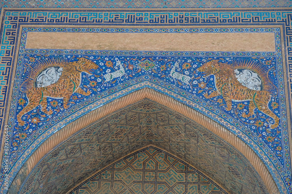 The Sherdor Madrasah in the Registan Square in Samarkand, Uzbekistan.