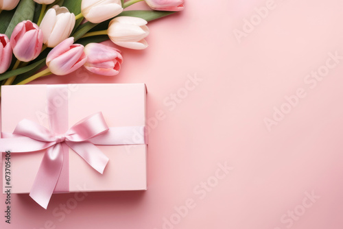 Top-down image of an elegant pink gift box with a ribbon bow and a tulip bouquet on a soft pastel pink background, providing space for your text. © Moon Story