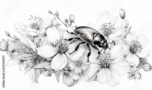Black and white image of a beetle on flowers. photo